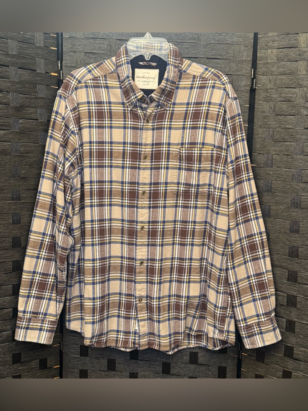 Weatherproof Vintage Men's Plaid Button-Up Shirt in Blue Brown and Cream